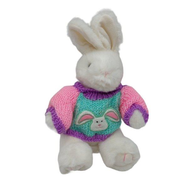 Main Joy White Bunny Rabbit Plush Stuffed Animal In Pastel Sweater 9” Easter - Picture 7 of 8